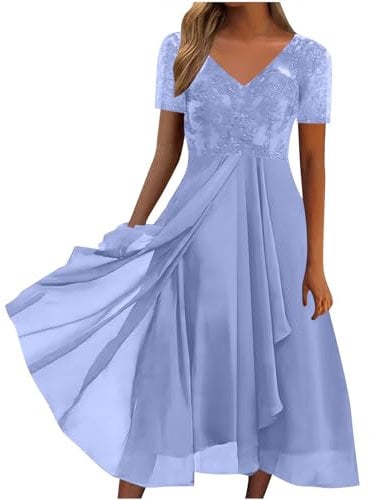 HAOLEI Wedding Guest Dresses for Women UK Petite,Ladies Lace Chiffon Dresses Today Sexy V Neck Short Sleeve Elegant Knee Length Midi Dress Evening Party Special Occasions Prom Dresses Purple