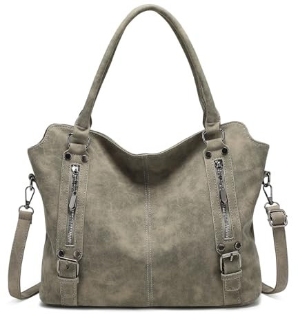 VINBAGGE Damen Handtasche Scrub PU Henkeltasche Top Griff Tasche Vintage Weiches Umhängetasche Schultertasche für Frauen - Grau