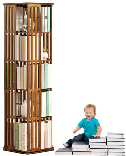 HAILM Bücherregal Drehbar, Bambus Drehbares Bücherregal, 360° Drehbares Beweglich Standregal, Multifunktionales Lagerregal, Bücherregal, Schrank Für Arbeitszimmer, Büro,Braun