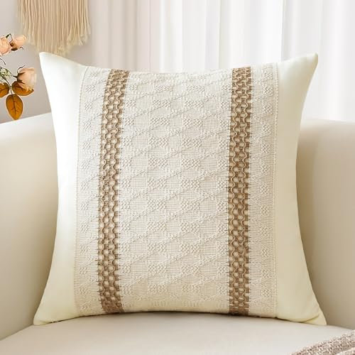 Sungeek 1 Stück Boho Kissenbezüge, Baumwolle & Sackleinen Zierkissenbezüge Dekorativ Kissenbezug Dekokissen Sofakissen Boho Style Deko Bezug Kissenhülle für Sofa Wohnzimmer (Beige Stil B, 40x40 cm)