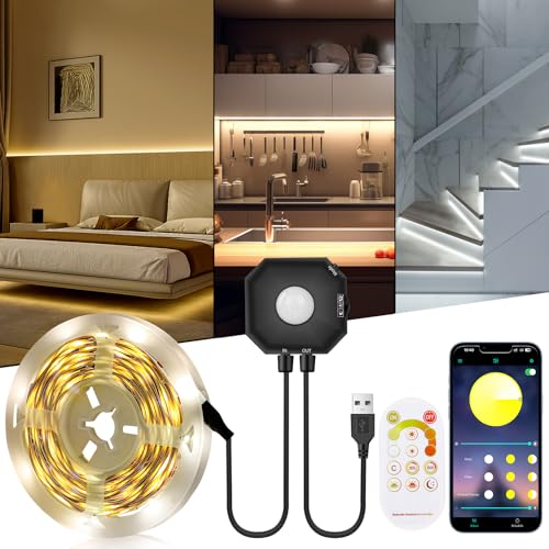 LED Strip mit Bewegungsmelder 5m,Dimmbar 3000K-6000K LED Streifen mit RF Fernbedienung&APP,Nachterkennungsmodus,PIR-Bewegungserkennung,Dauerlichtmodus,USB Flexible LED Nachtlicht für Babyzimmer Treppe