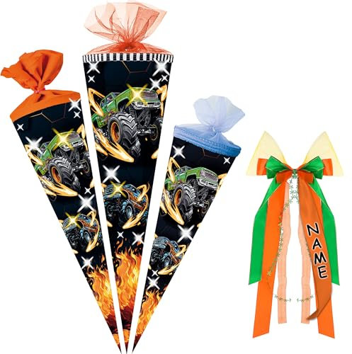 alles-meine.de GmbH Schultüte - Monstertruck - 35-85 cm - Größe wählbar - Spitze wählbar - inkl. Name + Verschluß-Schleife - Zuckertüte - Tüll - oder Filzabschluß - eckig/Run..