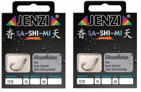 Set 2 Packungen gebundene Allroundhaken Angelhaken von JENZI (20 Stück), 50cm Hakengröße 2, 4, 6, 8, 10, 12,14 & 16 je nach Auswahl + gratis Petri Heill! Aufkleber (Hakengröße 6)