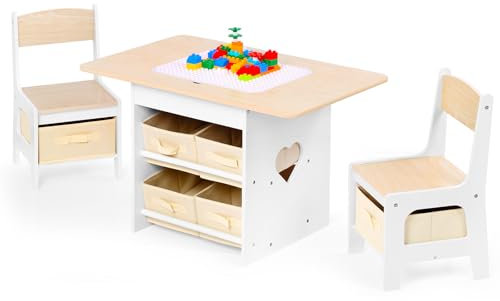 Relquorax Kindertisch mit 2 Stühlen Kindersitzgruppe mit Stauraum Spieltisch Kinder multifunktionaler Aktivitätstisch für Kinder Kindersitzgruppe innen Kinder Tisch Stuhl Set (Natur)