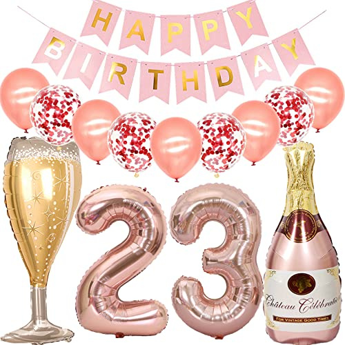 Feelairy Luftballon 23. Geburtstag Deko Frau, Rosegold Folienballon Weinflasche Sektflasche Helium Ballon Champagner Flasche, Girlande Happy Birthday Deko für Geburtstagsdeko 23 Jahre Frauen