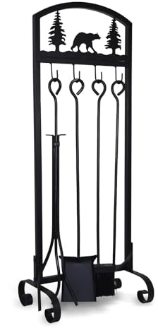 SCENDOR GARDEN 5-teiliges Kaminwerkzeug-Set 77,5 cm x 29,9 cm Schmiedeeisen Kaminwerkzeuge Poker Halter Bürste und Ständer Zubehör Set Weihnachten Motiv für Innen- und Außenbereich