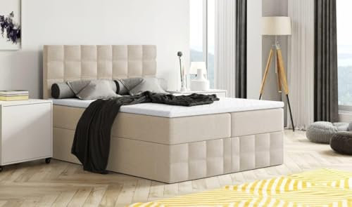 Moderne Boxspringbett MERA Premium Bett mit Bettkasten Ziernähten Bonell Matratze H3 Federkern Topper Polsterbett Doppelbett Schlafzimmer (Beige - Aura 01, 200x200)
