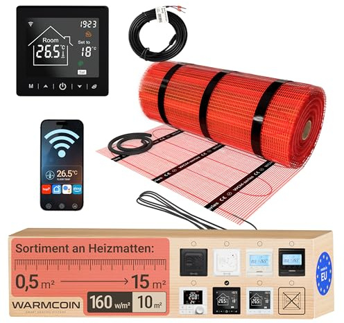 Elektrische Fußbodenheizung Heizmatten-Set mit WLAN-Thermostat 10 m² | Digital & smart per App, Touchscreen, WiFi; Elektro-Flächenheizung 160 W/m², selbstklebend, Bodenfühler; für Fliesen