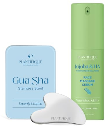 PLANTIFIQUE Gua Sha Edelstahl zur Formung der Kieferpartie und zur Reduzierung von Schwellungen & Jojobaöl & Hyaluronsäure Gesichtsserum für Gua Sha Massage