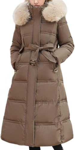 Juankrynord Damen Winter Hochkragen Reißverschluss Knopf Warm Langer Daunenmantel Langer Steppmantel Mit Abnehmbarem Haar Kragen Kapuze Verdickter Langer Daunenmantel