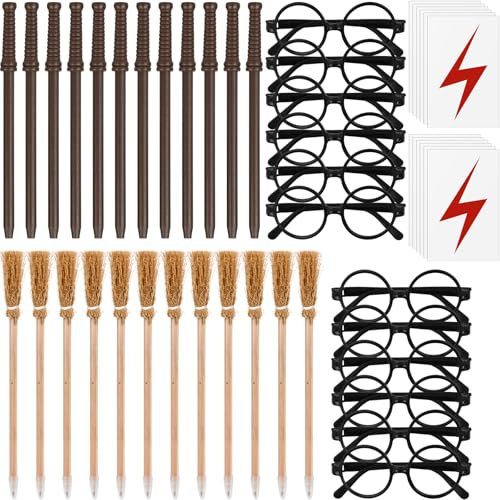 BLUESEABUY Lot de 48 baguettes magiques - Ensemble de crayons - Baguettes magiques - Pour fête - Petit cadeau - Fouets magiques - Crayons de fête - Tatouages pour récompense scolaire avec fête