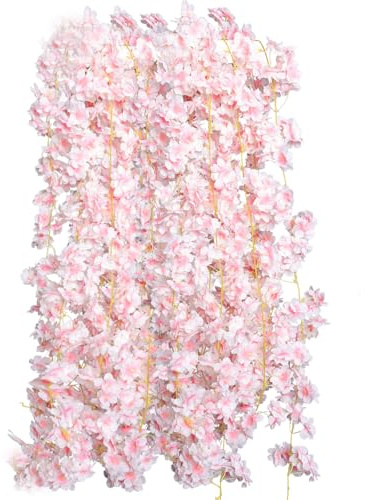 2 guirnaldas artificiales de cerezo de 24 pies, enredaderas rosas falsas para colgar, flores de cerezo de seda para boda, fiesta, decoración del hogar