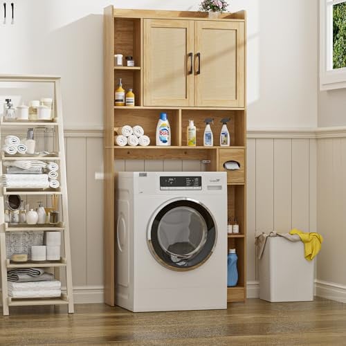 FiveWillowise Armoire de Machine à Laver avec Porte coulissante, étagères réglables, étagère de Machine à Laver avec 4 Compartiments Ouverts et Armoire latérale (Naturel)
