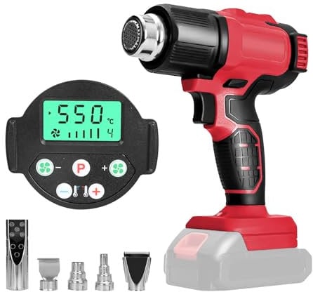 Pistola de calor inalámbrica para batería Milwaukee de 18 V, pistola de aire caliente inalámbrica con pantalla LCD y 5 boquillas, control de temperatura variable de 50°C-550°C para encogimiento de
