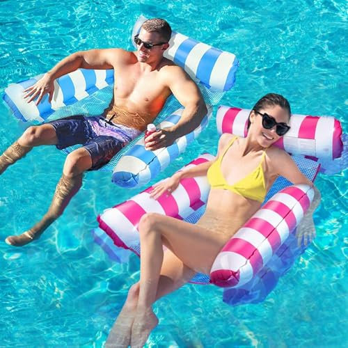 WIKIMO 2 Stück Luftmatratze Pool Zubehör mit Netz 120 * 100 cm, Luftmatratze Wasser, Wasserstuhl mit Rückenlehne Schwimmsitze, Sessel Aufblasbar (Blau + Rosa)