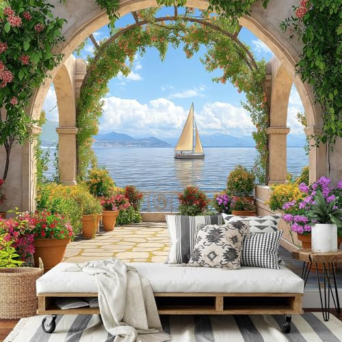 Fototapete Panorama Gartenbogen Wohnzimmer Schlafzimmer Wandtapete Terrasse am MeerTapete 3D Effekt Wand Dekoration 200x140cm