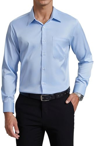 Enlision Camicia Blu Uomo Maniche Lunghe Elasticizzata Non Stiro Antipiega Taglio Regolare con Bottoni e Tasca per Ufficio Cerimonia Formale XL