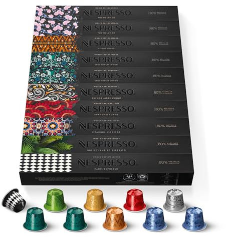 Nespresso Original-100 Capsules-Collection Explorations-Torréfaction Mixte-10x Paris Espresso-10x Rio De Janeiro Espresso-10x Istanbul-10x Shanghai-10x Buenos Aires-10x Vienna-20x Stockholm-20x Tokyo