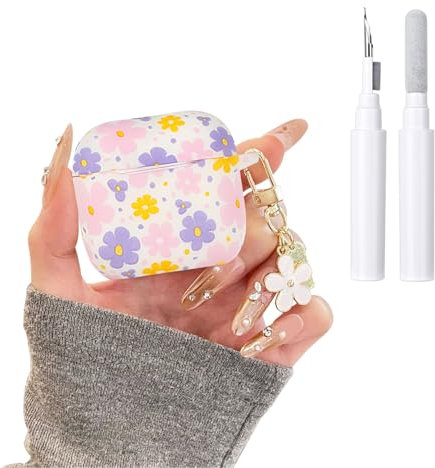 Reownest für AirPods 4. Generation (2024) Hülle mit Reinigungsset, Niedliches Buntes Blumen-Design Schlüsselanhänger Ästhetisches Muster Weiche Kopfhörerhülle Case für AirPods 4 –Lila