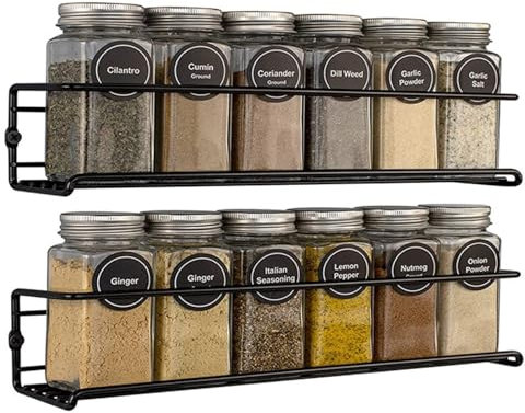 Gewürzregal Wand, 2er Set Gewürz Organizer Ohne Bohren, Gewürzhalter Hängend aus Metall mit Selbstklebende und Schrauben für Gewürzdosen, Küchenschrank, Speisekammertür(Schwarz)