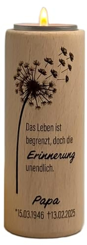 Trauerlicht personalisiert runder Teelichthalter aus Holz Ø 5 cm 12 cm hoch | mit Name, Spruch, Datum und Motiv, als Trauerkerze, Gedenklicht oder Trauergeschenk