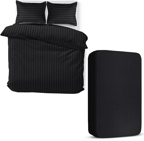 MOONLIGHT20015 4 Piece Super King Bedding Set Satin Stripes Duvet Cover Fitted Sheet with Pillow cases Hotel Quality Soft Brushed Microfiber Black