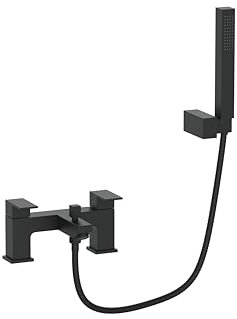 VeeBath Mist Bath Shower Mixer – Matt Black Finish with Square Showerhead, Dual Lever Control, G3/4 BSP Inlet, Deck Mounted Square Bathroom Taps Pair, Mixer Tap Shower Attachment