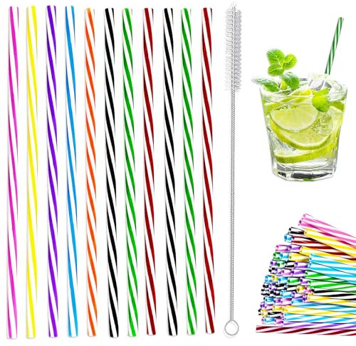 Paille Reutilisable - 60 Pailles Réutilisables en Plastique et 1 Brosse de Nettoyage - Paille Plastique pour Gourde et Enfants - Paille Bubble Tea pour Cocktail et Été, 23 cm - Gicctyble