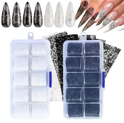 GZMAYUEN 20 Rollen Lace Nail Foil, Schwarz Weiße Blumen Lace Nagel Transferfolie für Nailart, Spitze Transferfolie 2.5 * 100cm