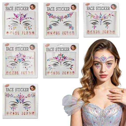 6 Pcs Face Gems Glitter Temporary Tattoos, Rhinestone Face Jewels Stickers for Women Kids, Festival Accessories Body Art for Music Concert Carnival Halloween Christmas Party