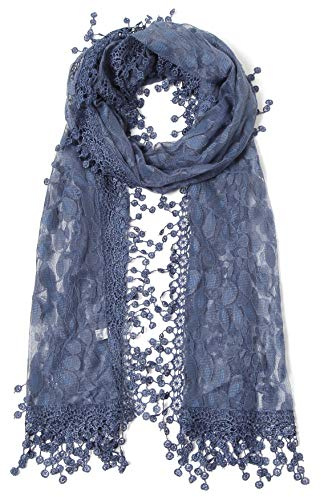 Cindy and Wendy Lightweight Soft Leaf Lace Fringes Scarf shawl for Women (Navy)