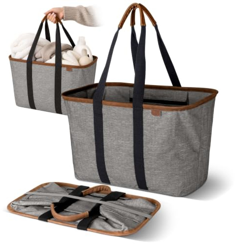 CleverMade Collapsible LUXE Tote - Gray Black 1 Pack 30L / 8Gal - Reusable Utility Grocery Shopping Storage Bag Organizer w/Handles Reinforced Bottom | Pack It All Without the Floppy-Bag Fight | Steel Rim Stays Open, Soft Grips Carry 30 lb, and Tote Folds to 1.5 Inches