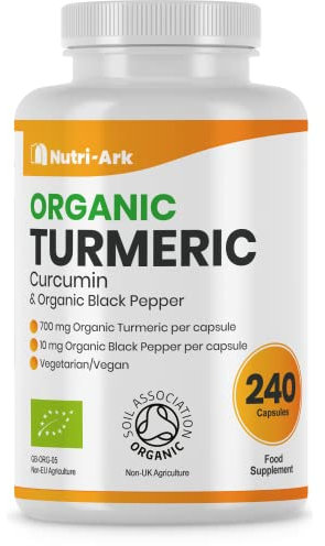 Organic Turmeric 700mg with Black Pepper – High Strength Curcumin Capsules | 240 Vegan Capsules (8-Month Supply) | Soil Association Certified & Made in The UK for Nutri-Ark