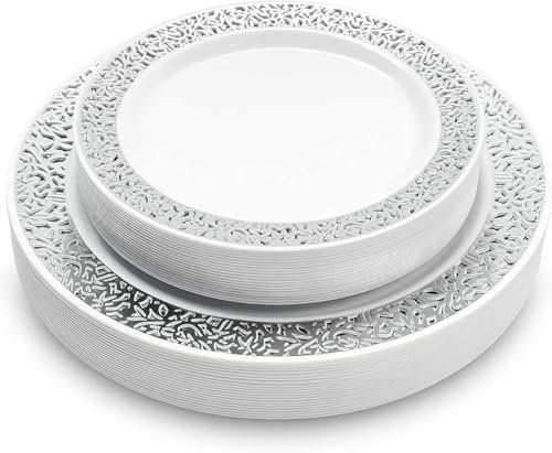 MATANA 40 Premium Weiße Plastikteller mit Silbernem Rand, 2 Größen - Mehrweg Kunststoffteller, Partyteller für Hochzeiten, Geburtstage, Partys - Elegantes & Stabiles Partygeschirr