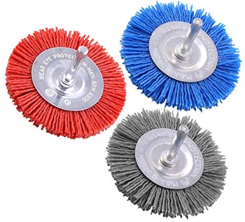 Swpeet 3Pcs 3Inch 80# 120# 240# Abrasive Nylon Wheel Brush Set with 1/4 Inch Shank, 3 Grit Nylon Drill Brush Set Perfect for Removal of Rust/Corrosion/Paint - Reduced Wire Breakage and Longer Life