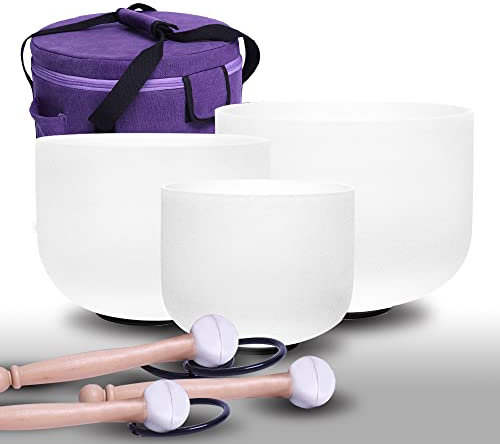 ENERGYSOUN Chakra Tuned Set of 3PCS 11 D 9F 7B Frosted Quartz Crystal Singing Bowls+Free Mallets &O-rings
