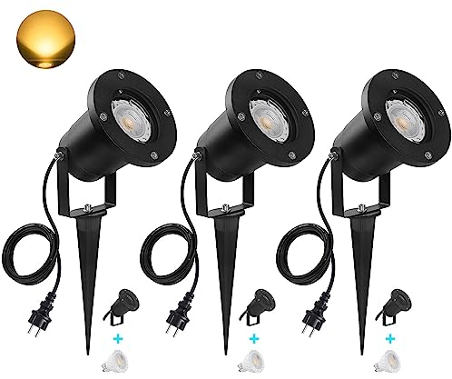 SanGlory 3er Set GU10 LED Gartenstrahler mit Erdspieß, 7W LED Gartenbeleuchtung Warmweiß Außenlampe Metall Gartenleuchte Rasenstrahler Außen-Strahler IP65, LED Strahler 2m Kabel mit Stecker