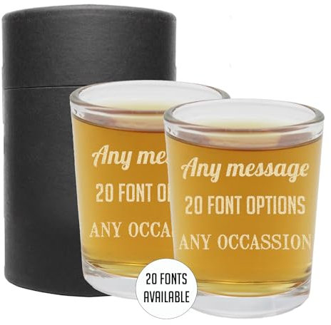 Spotted Dog Company Personalised 2pk Etched Custom Message 2.5oz Shot Glasses, Your Text Here, Custom Unique Gift, Customised Funny Birthday Gift for Friend, Fun Couples Gift, 21st Shot Glass
