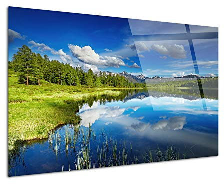Quadro in plexiglass Lago di montagna blu - Stampa in vetro natura e paesaggio - Decorazione da parete per casa, cucina, soggiorno, camera da letto, ufficio, 50 x 30 cm