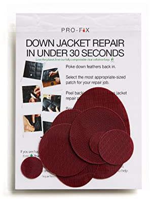 DJR PRO FIX: Einfach zu verwendende Flicken-Sets für Daunenjacken - Selbstklebende, wasserfeste, reißfeste Flicken zur Reparatur von Kleidung, Schlafsäcken, Zelten, Outdoor-Ausrüstung - Burgund