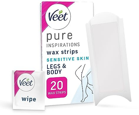 Veet Pure Cold Wax Strips For Legs & Body, Sensitive Skin, 20 Count + 2 Finish Wipes, Hypoallergenic Hair Removal, 28 Days Smoothness, Removes From Root (Packaging Varies)