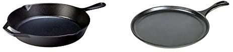 LODGE L10SK3CN 30.48 cm/12 inch Pre-Seasoned Cast Iron Round Skillet/Frying Pan, Black & Lodge 26.67 cm / 10.5 inch Pre-Seasoned Cast Iron Round Griddle/Pancake Pan, Black
