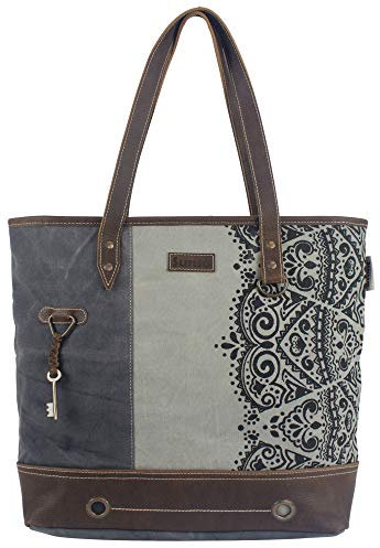 Sunsa Damen groß Handtasche. Tasche aus Canvas & Leder. Nachhaltige Produkte, Schultertasche, grau Shopper Shoulder Bag Ordner A4 geeignet, Geschenkideen für Frauen, Mandala Design