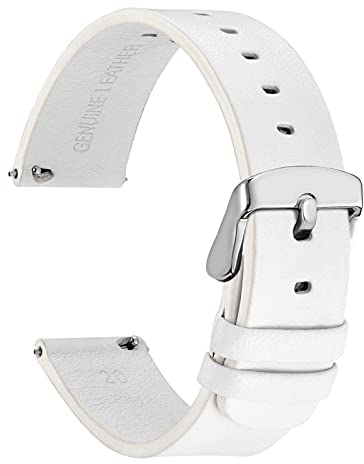 WOCCI 18mm Dünne Flache Leder Uhrenarmband für Smartwatch mit Silberner Schnalle (Weiß)