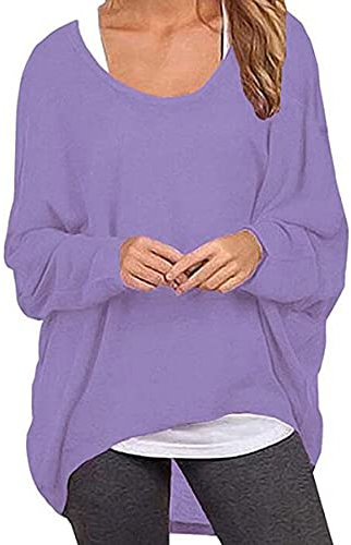 ZIOOER Damen Pulli Fledermausärmel T-Shirt Lose Asymmetrisch Jumper Bluse Langarmshirts Hemd Pullover Sweatshirt Oberteil Oversize Tops Helles-Lila XXL