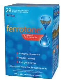 Ferrotone Eau Riche en Fer, Complément Alimentaire à Base de Fer, Saveur Originale, Votre vitalité et Immunité au Naturel, 28 Sachets de 20ml