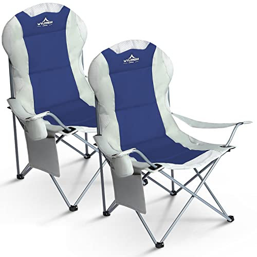 Wyldness Premium Padded Camping Chairs Set of 2 - Luxury Collapsible Outdoor Seats with Side Pockets & Cup Holder, Lightweight, Heavy-duty & Waterproof for Garden, Fishing, Picnic, Travel (Blue)
