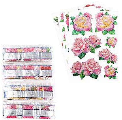 Ideen mit Herz Diamond Painting Sticker | 4 Bogen in DIN A4 | Aufkleber einzeln abziehbar | inkl. Schmucksteine (Rosen)