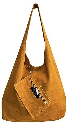 Modarno Borsa a tracolla da donna in pelle scamosciata pochette, borsa a tracolla, shopper, da donna, in vera pelle (Giallo scuro)