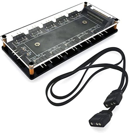 JZK Hub ARGB 5 V 3 broches avec boîtier, y compris câble d'extension, hub répartiteur LED RVB 5 V 3 broches avec port SATA/IDE, ruban adhésif double face à l'arrière